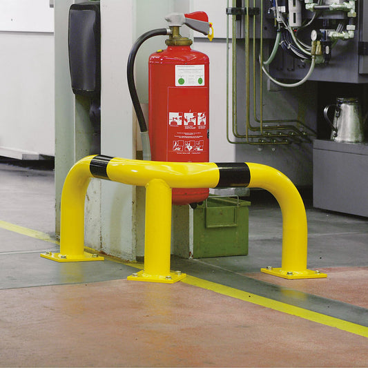 Morion corner protection bracket, round tube 76/3.0 mm, curved, for doweling, 1200/600/600 mm, yellow coated with black stripes, 195.17.512