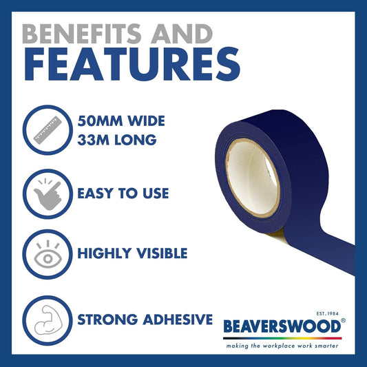 Safe Industrial - Premium Resistant Blue Safety Marking Tape, 1 Tape 50mm Wide x 33m Long - Hazard Caution Tape & Warning, Social Distancing, Warehouse & Gym Floor