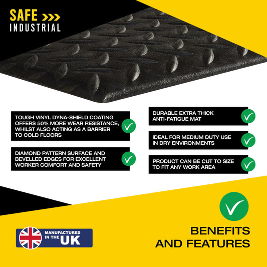 Blue Diamond Kumfi Diamond Durable Extra Thick Anti-Fatigue Mat - 60cm x 18.3m roll - Black/Yellow, (KD260BY)