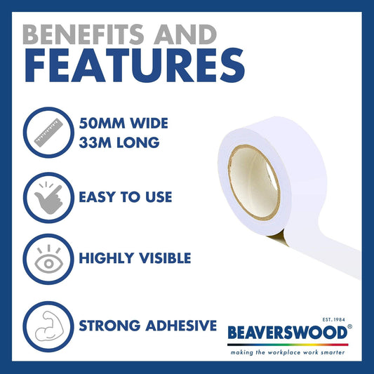 Safe Industrial - Premium Resistant White Safety Marking Tape, 1 Tape 50mm Wide x 33m Long - Hazard Caution Tape & Warning, Social Distancing, Warehouse & Gym Floor