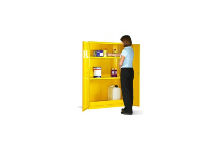 Yellow COSHH Hazardous Substance Cabinet 1525 x 915 x 457 Open In Use