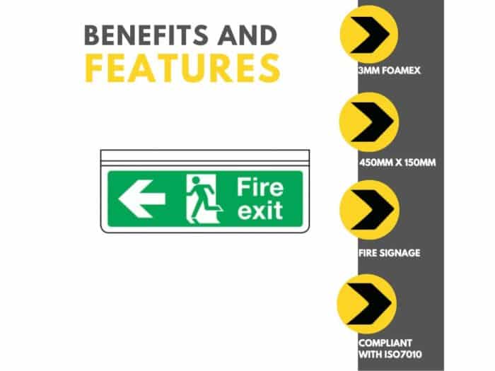 Ceiling mounted double sided fire exit sign. Horizontal arrow, 450mm x 150mm Features and Benefits
