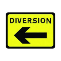 DIVERSION arrow left 1050 x 750mm temporary traffic sign