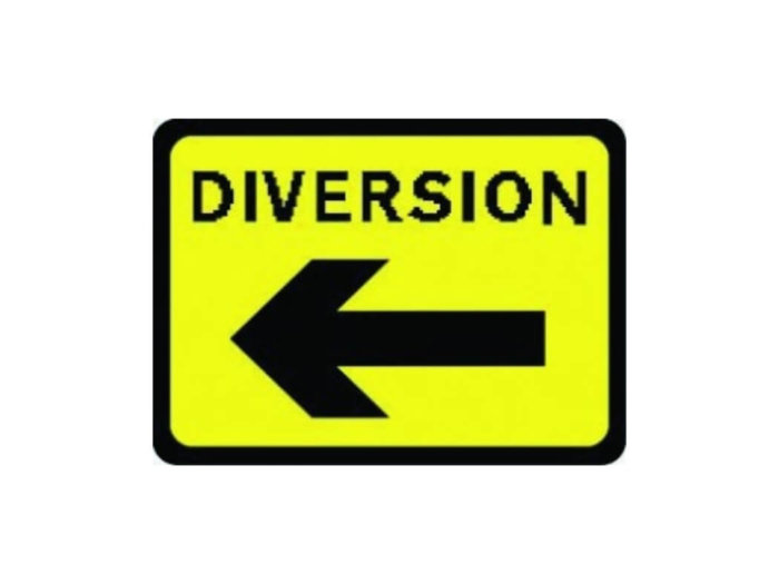 DIVERSION arrow left 1050 x 750mm temporary traffic sign