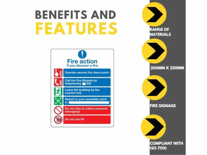 Fire Action Notice Incorporating Graphic Symbols From Bs 5499 (With Lifts) Sign Benefits and Features