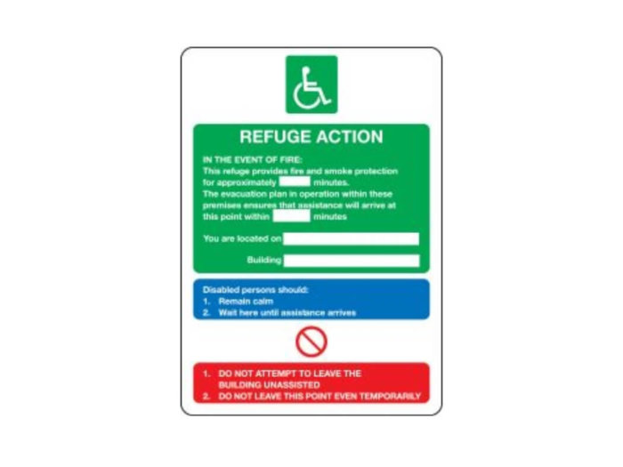 Fire Action Notice for disabled people, refuge action sign