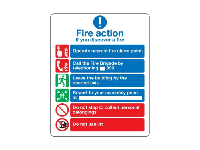 Fire Action Notice incorporating graphic symbols from BS 5499 (with lifts) sign