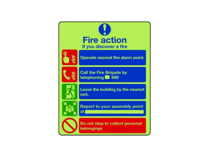 Fire Action Notice sign (building without lift) in photoluminescent sign