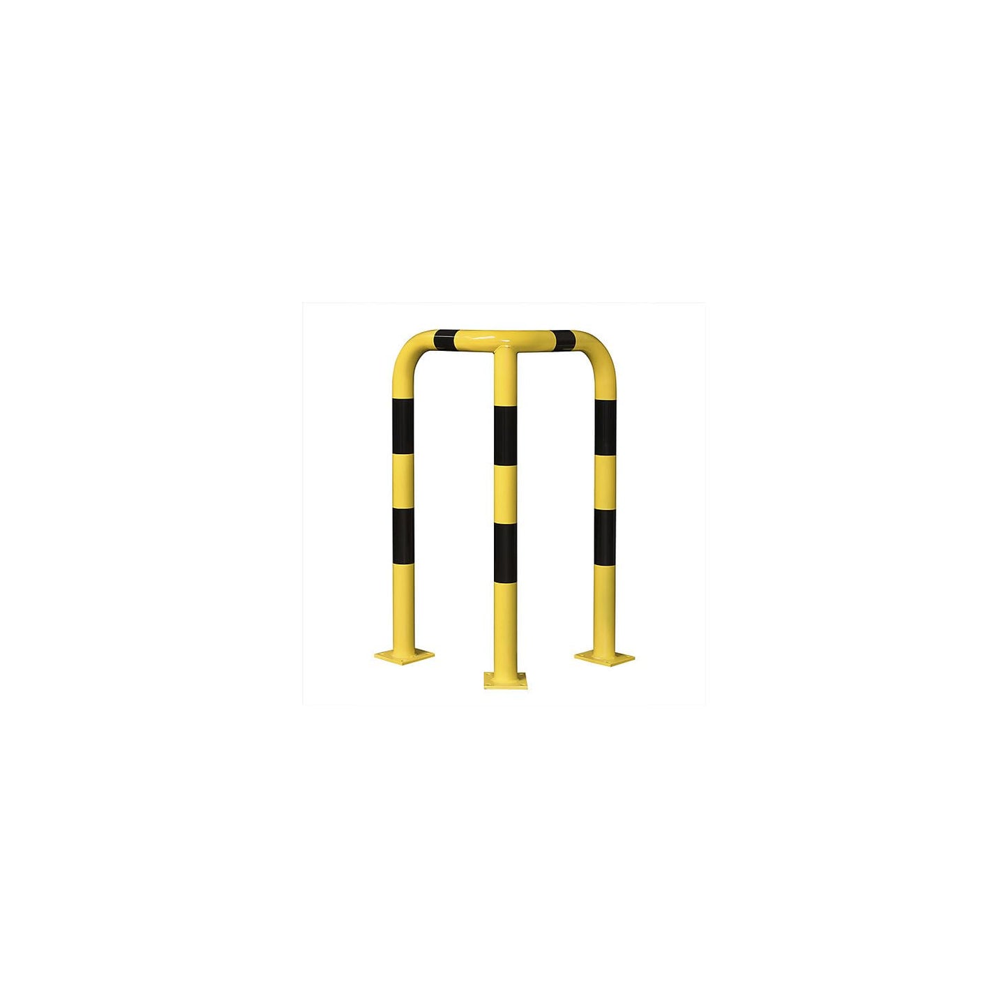 Morion corner protection bracket, round tube 76/3.0 mm, curved, for doweling, 1200/600/600 mm, yellow coated with black stripes, 195.17.512