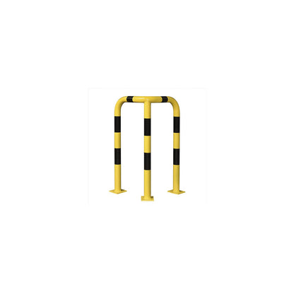 Morion corner protection bracket, round tube 76/3.0 mm, curved, for doweling, 1200/600/600 mm, yellow coated with black stripes, 195.17.512