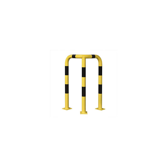 Morion corner protection bracket, round tube 76/3.0 mm, curved, for doweling, 1200/600/600 mm, yellow coated with black stripes, 195.17.512