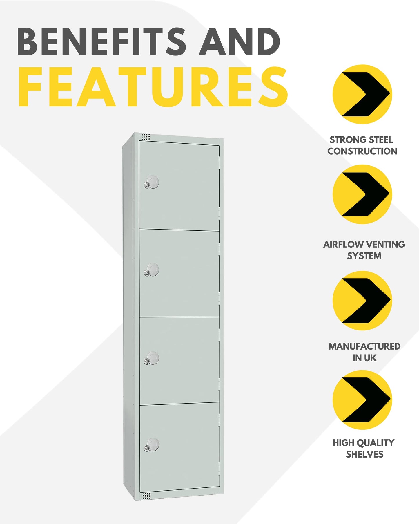 Four Door Compartment Locker - School, Work, Gym Storage Locker - 1800mm H x 300mm W x 300mm D - Black