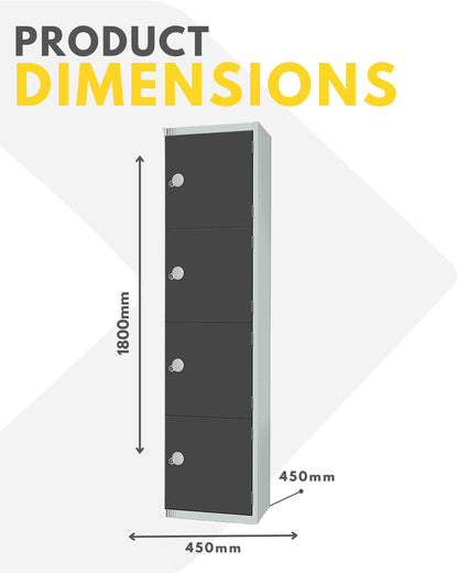 Four Door Compartment Locker - School, Work, Gym Storage Locker - 1800mm H x 300mm W x 300mm D - Black
