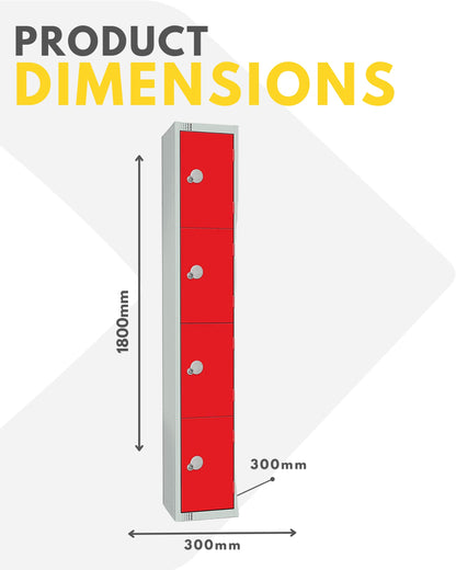 Four Door Compartment Locker - School, Work, Gym Storage Locker - 1800mm H x 300mm W x 300mm D - Black
