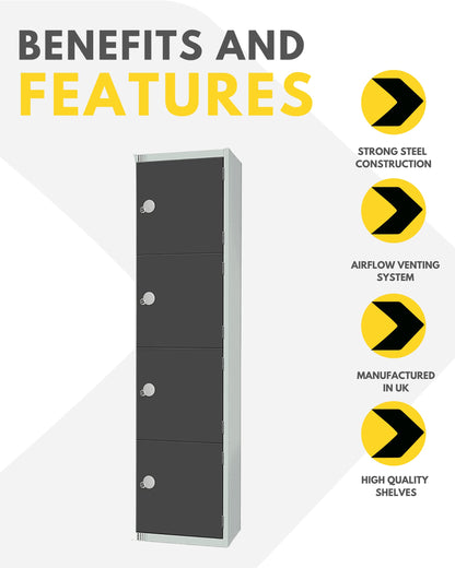 Four Door Compartment Locker - School, Work, Gym Storage Locker - 1800mm H x 300mm W x 300mm D - Black