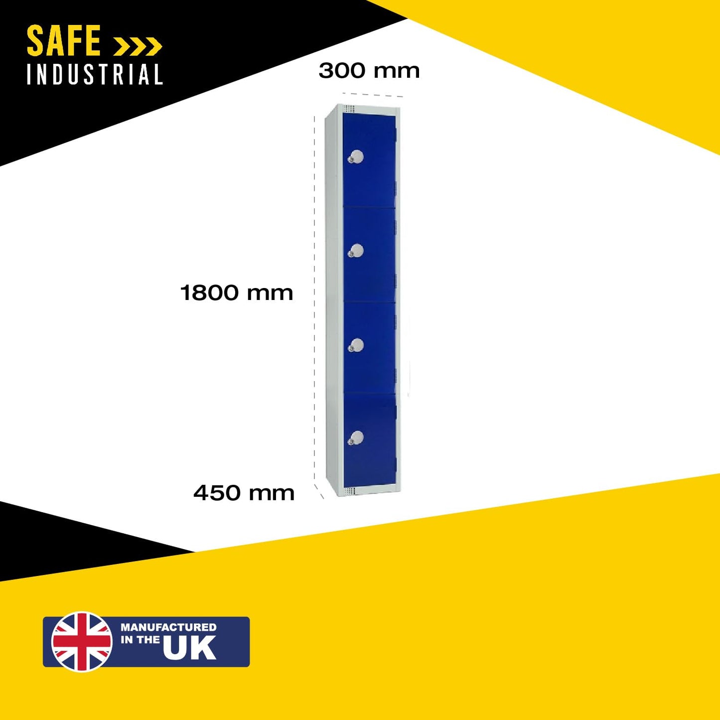 Four Door Compartment Locker - School, Work, Gym Storage Locker - 1800mm H x 300mm W x 300mm D - Black
