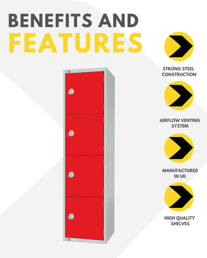 Four Door Compartment Locker - School, Work, Gym Storage Locker - 1800mm H x 300mm W x 300mm D - Black
