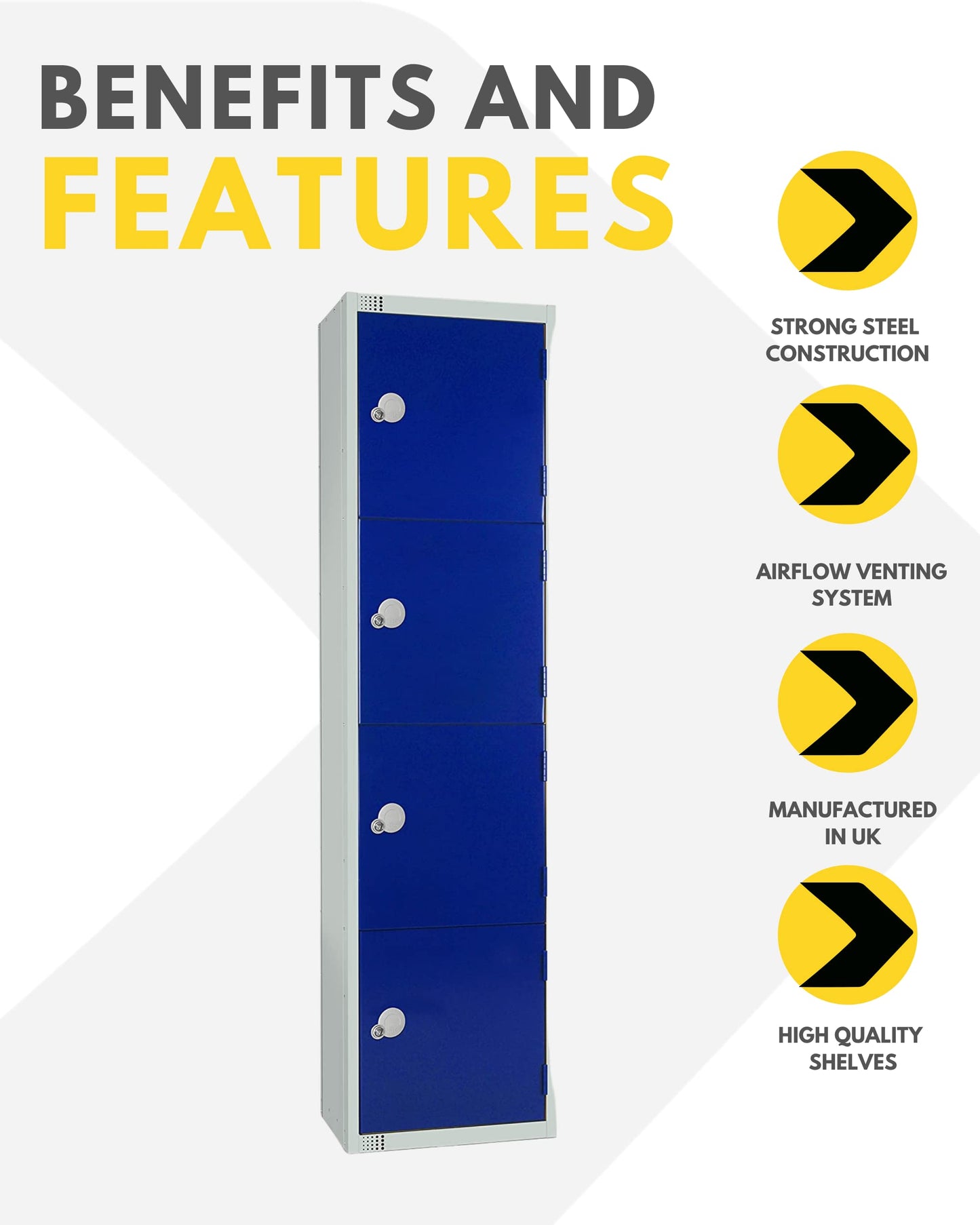 Four Door Compartment Locker - School, Work, Gym Storage Locker - 1800mm H x 300mm W x 300mm D - Black