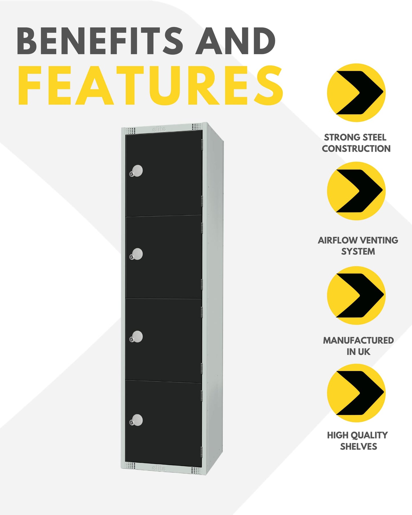 Four Door Compartment Locker - School, Work, Gym Storage Locker - 1800mm H x 300mm W x 300mm D - Black