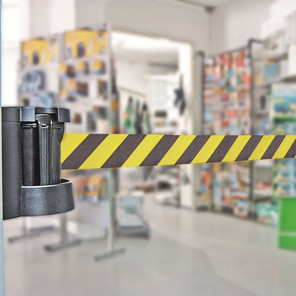 TRAFFIC-LINE Wall Mounted Belt Barrier - 4 metre Yellow/Black Belt