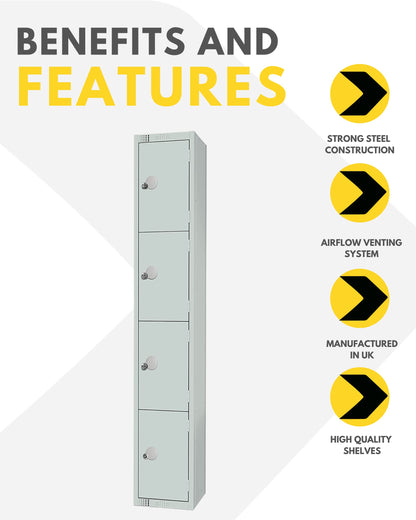 Four Door Compartment Locker - School, Work, Gym Storage Locker - 1800mm H x 300mm W x 300mm D - Black