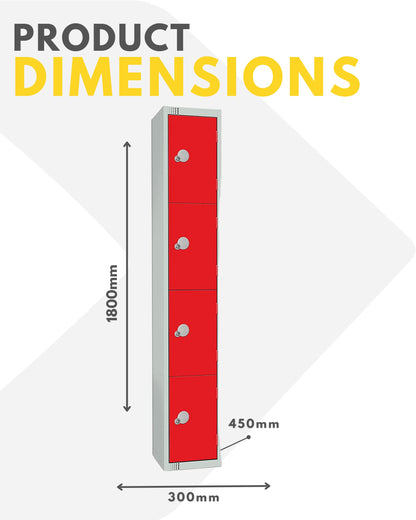 Four Door Compartment Locker - School, Work, Gym Storage Locker - 1800mm H x 300mm W x 300mm D - Black