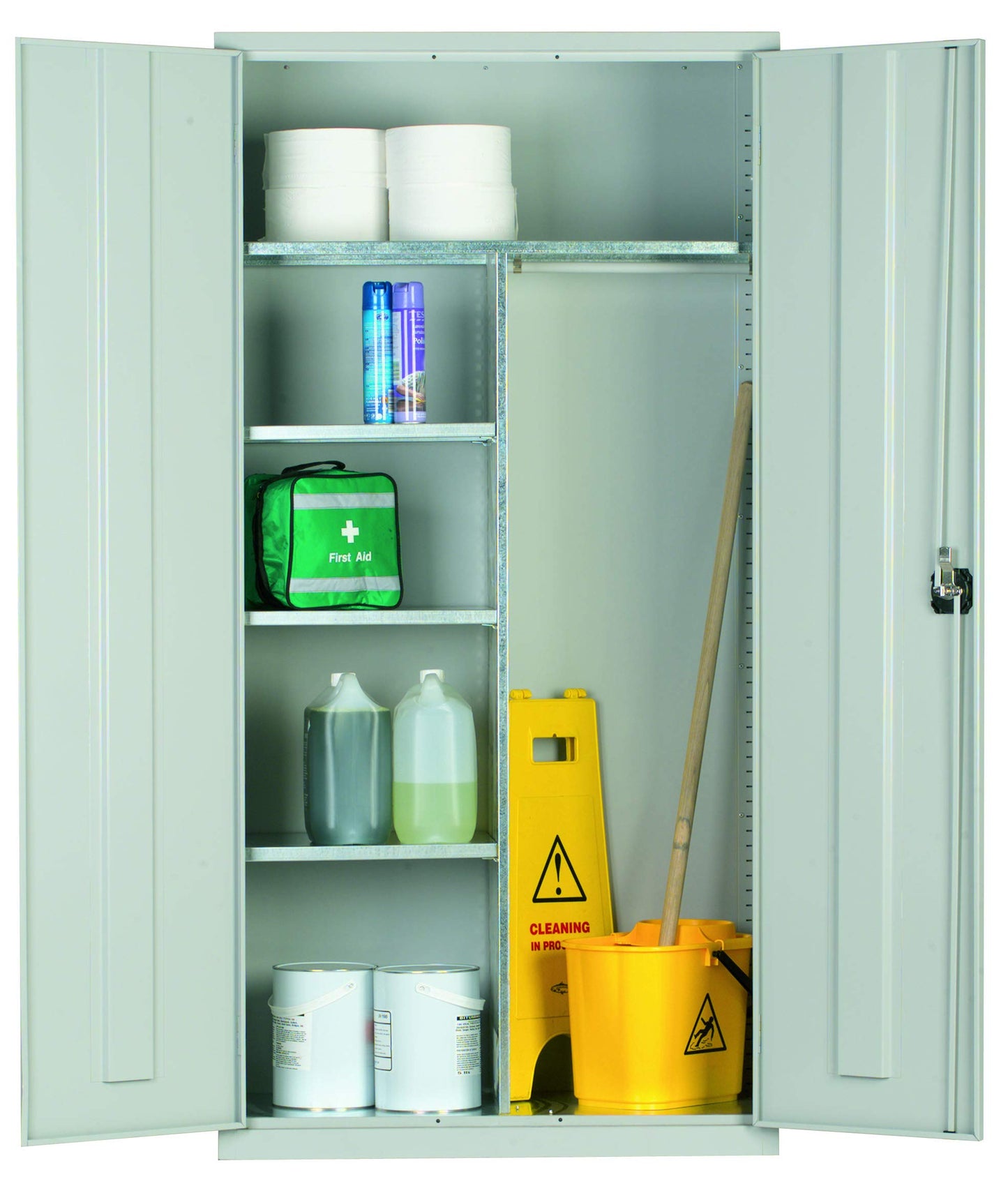 Janitorial Cupboard - Industrial and Commercial Cupboard - 4 Shelves / 6 Compartments - 1830mm High x 915mm Wide x 457mm Deep