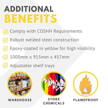Dangerous Substance Cabinet - Fireproof Chemical Storage - Metal Cupboard 1 Shelf - Hi-Vis Yellow - 1000mm High x 915mm Wide x 457mm Deep (30 Litre)