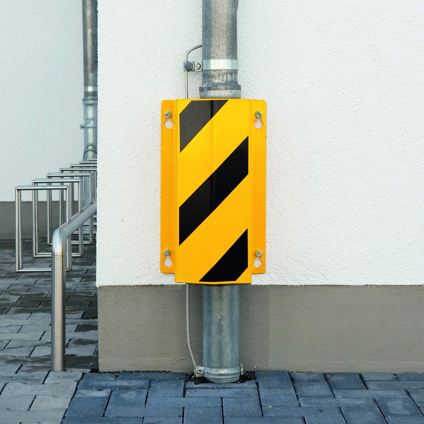 Wall Mounted Steel Pipe Protector 500/292/230 mm Coated, Traffic Yellow, HxBxT 500 x 292 x 230 mm