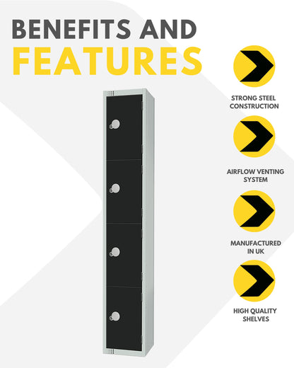 Four Door Compartment Locker - School, Work, Gym Storage Locker - 1800mm H x 300mm W x 300mm D - Black