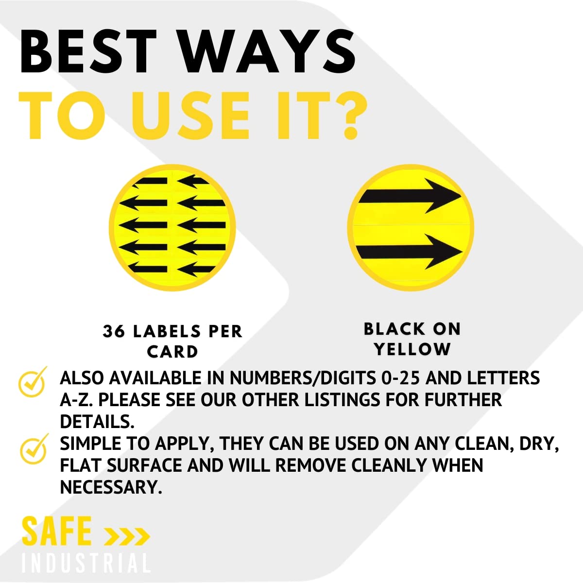 High Visibility Yellow/Black Arrow Labels - Self-Adhesive Vinyl Labels - Arrows - 19mm high x 14mm Wide (36 Labels Per Card)