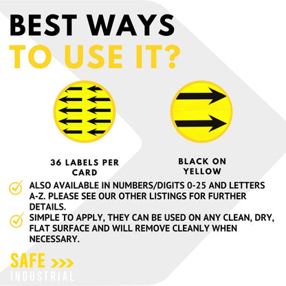 High Visibility Yellow/Black Arrow Labels - Self-Adhesive Vinyl Labels - Arrows - 19mm high x 14mm Wide (36 Labels Per Card)