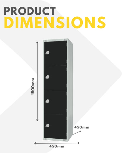 Four Door Compartment Locker - School, Work, Gym Storage Locker - 1800mm H x 300mm W x 300mm D - Black