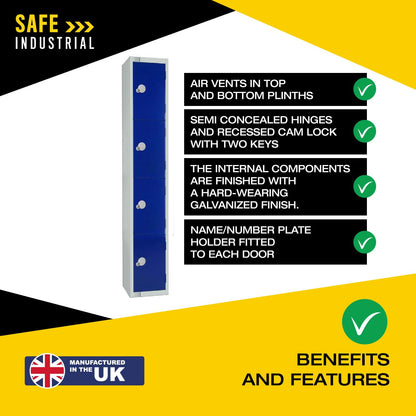 Four Door Compartment Locker - School, Work, Gym Storage Locker - 1800mm H x 300mm W x 300mm D - Black