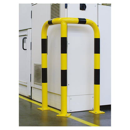 Morion corner protection bracket, round tube 76/3.0 mm, curved, for doweling, 1200/600/600 mm, yellow coated with black stripes, 195.17.512