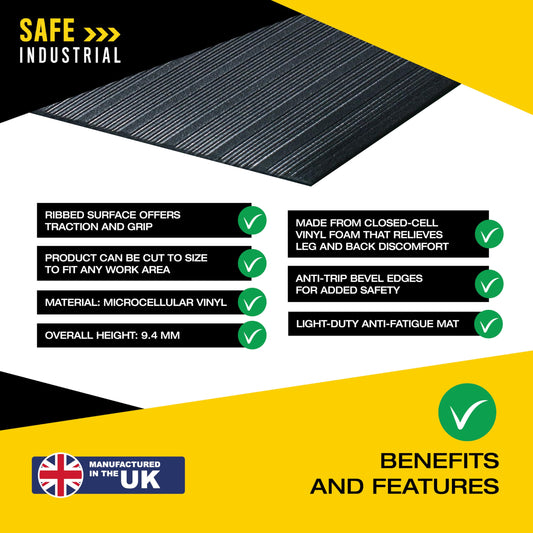 Kumfi Rib Light Duty Anti-Fatigue Mat for Kitchen, Workshop, Standing Desk - Rubber Heavy Duty Mat - 90cm x 100cm - Black